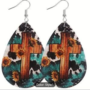 Cross earrings teardrop women's faux leather new d81‎